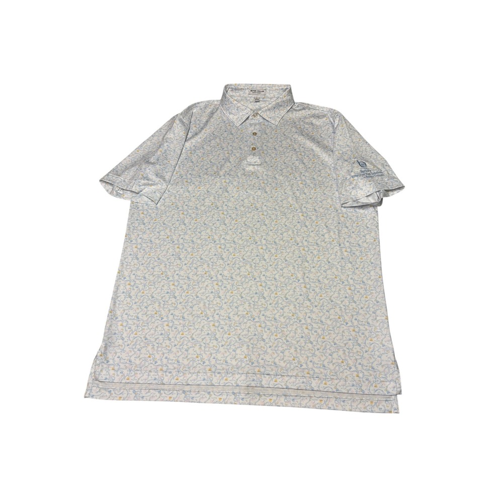 Peter Millar Summer Comfort Mens Large Golf Polo Shirt Blue White Novelty Print‎